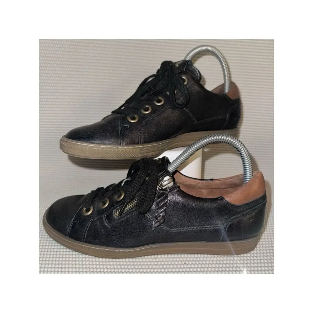 Paul Green Addie Black Gum Leather Low Top Zip Lace Up Sneakers Size US 7 UK 4.5